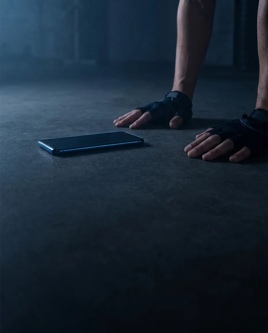 A phone lying on the floor between two hands, ready for a set of push-ups