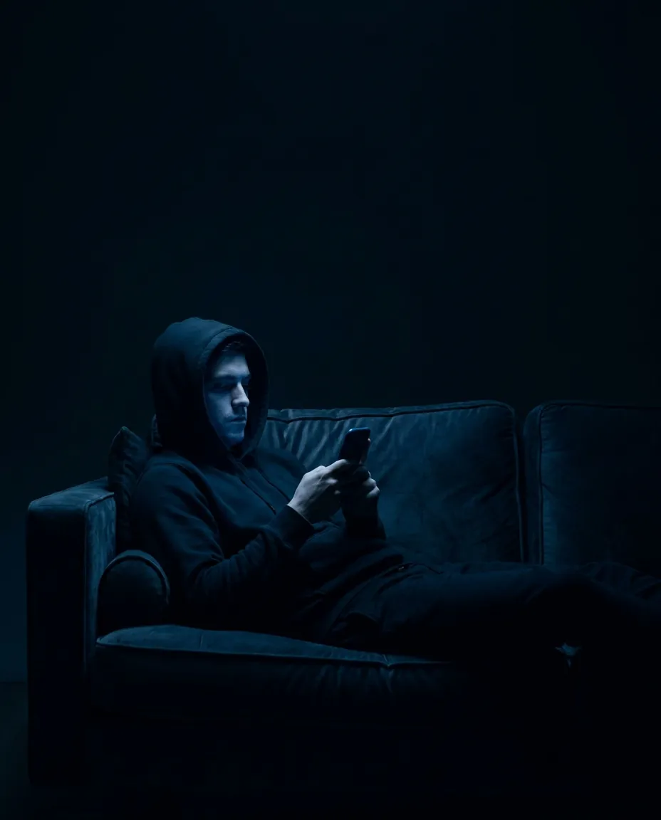 A person slumped on a sofa in the dark, lit only by their phone