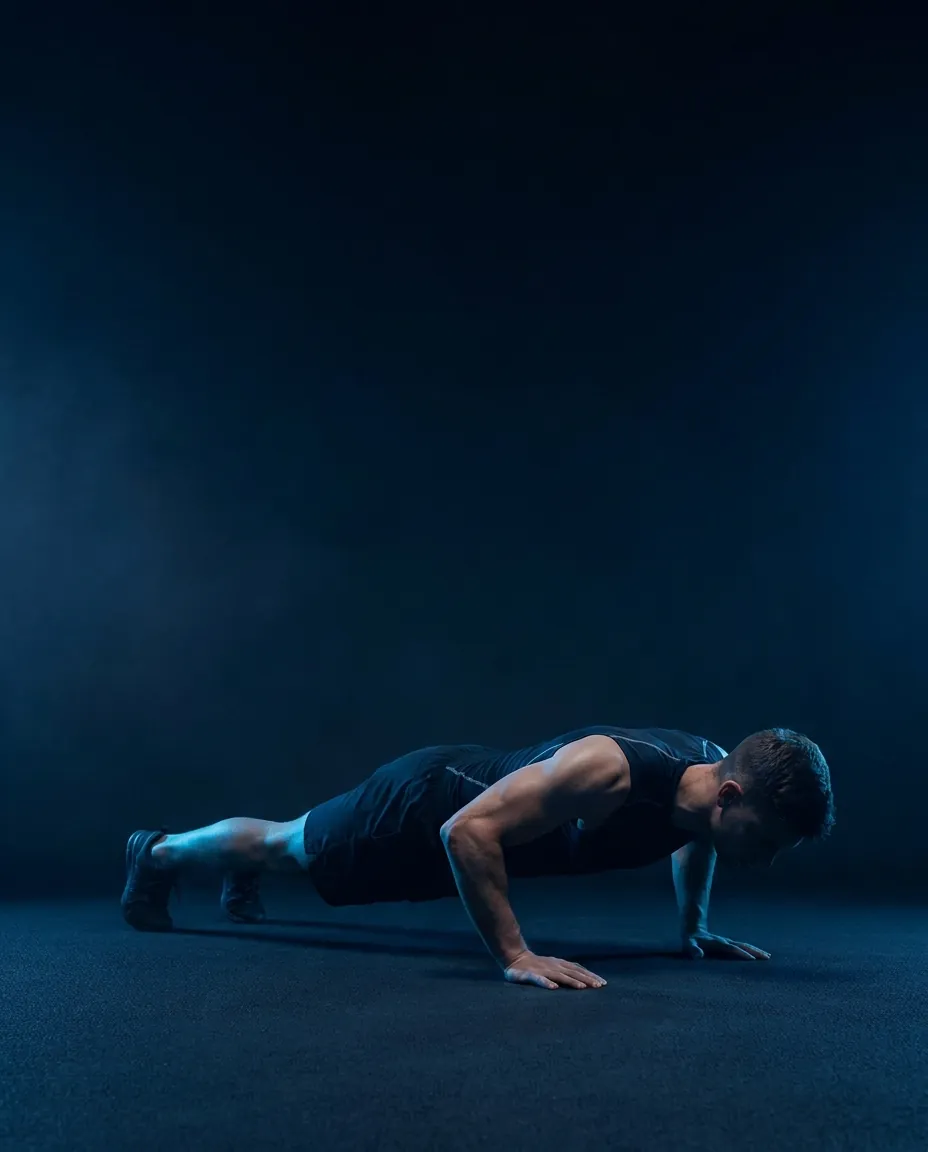 A man mid push-up on a dark floor, rim-lit in blue