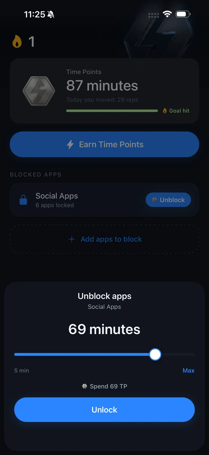 The Push Up Scroll home screen with 87 minutes of Time Points and a group of blocked social apps