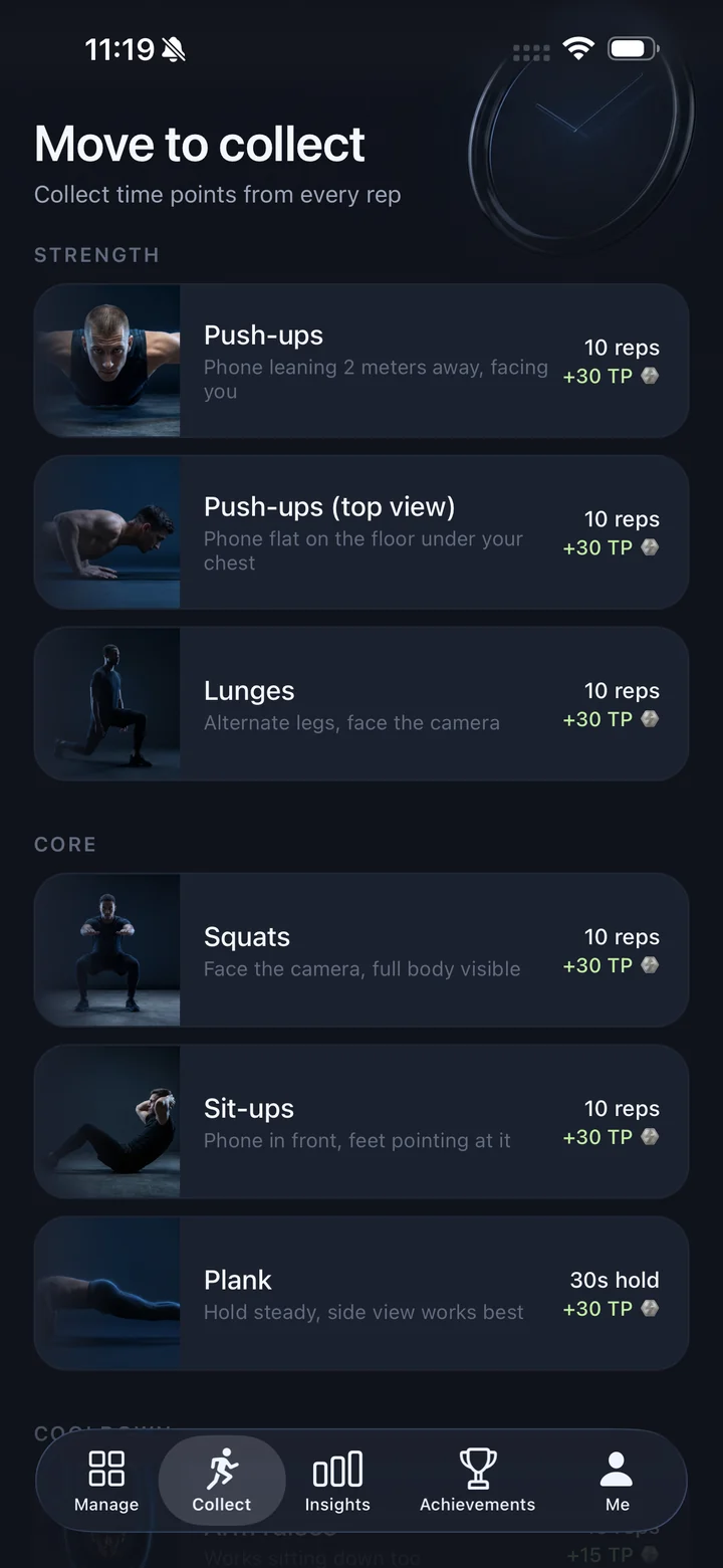 The Move to collect screen listing push-ups, lunges, squats, sit-ups and the plank